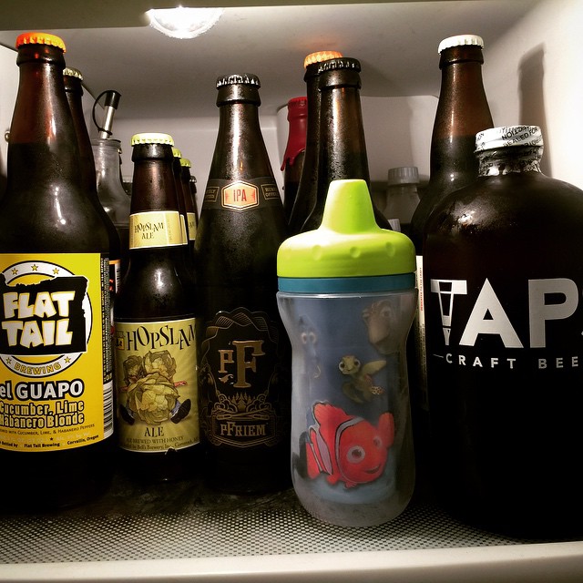 The top shelf of our fridge. There is no beer in the Nemo sippy cup I swear!